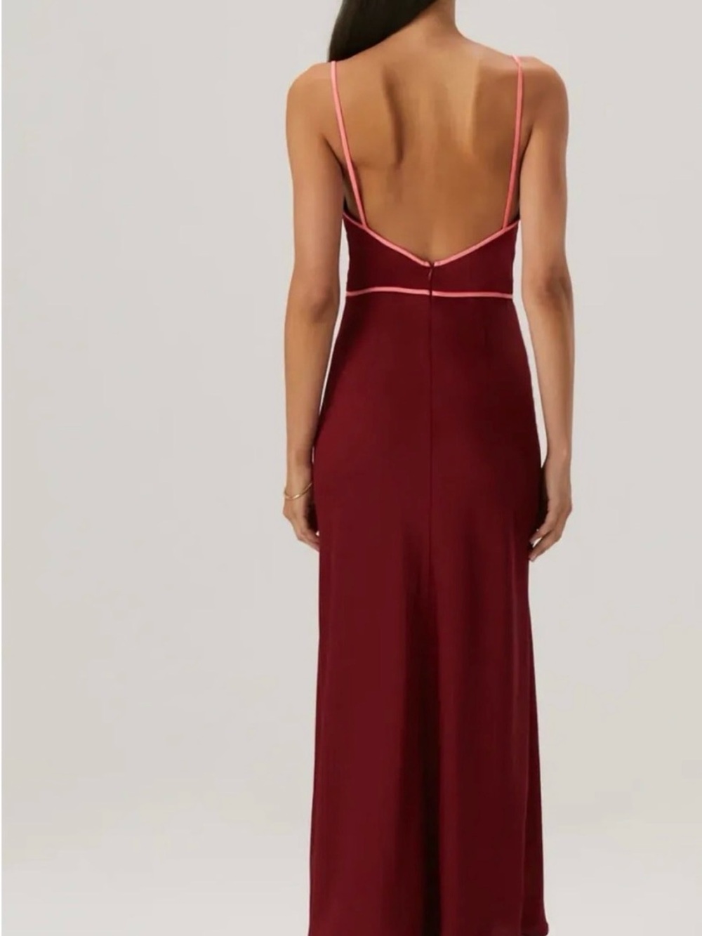 NWT Misha Spaghetti-Strap Burgundy Cutout Maxi Dress with Pink Trim - Picture 2 of 6
